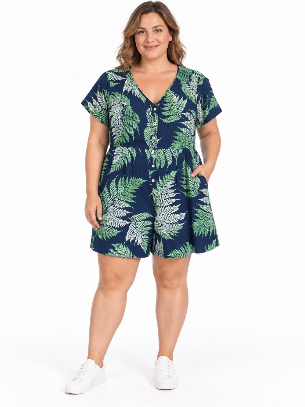 BloomChic Navy Blue V-Neck Tunic with Green Fern Print 14-16 d6